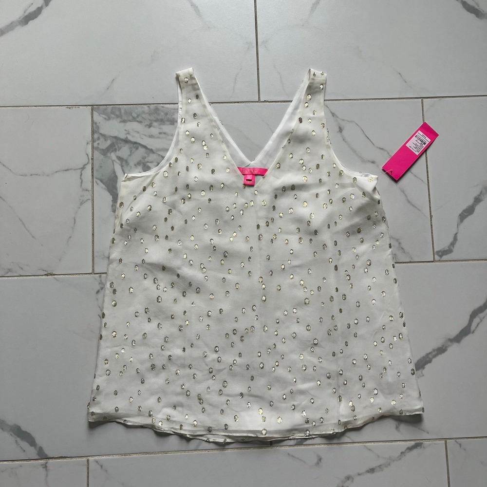 NWT Lilly Pulitzer Florin silk tank top white gold dot sz small